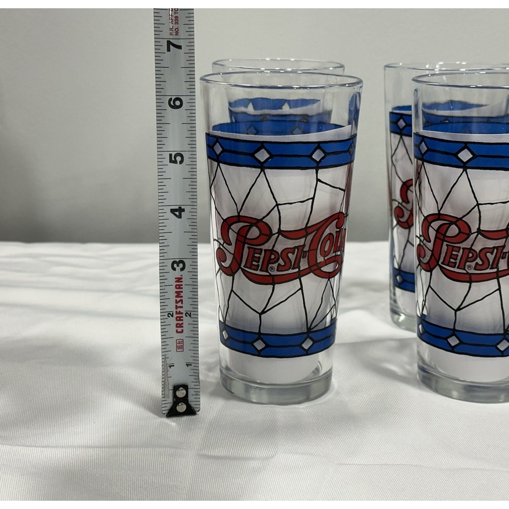 Set of 6 Vintage Pepsi Cola Glass 1970's Tiffany‎ Style-Stained Glass 16 oz.